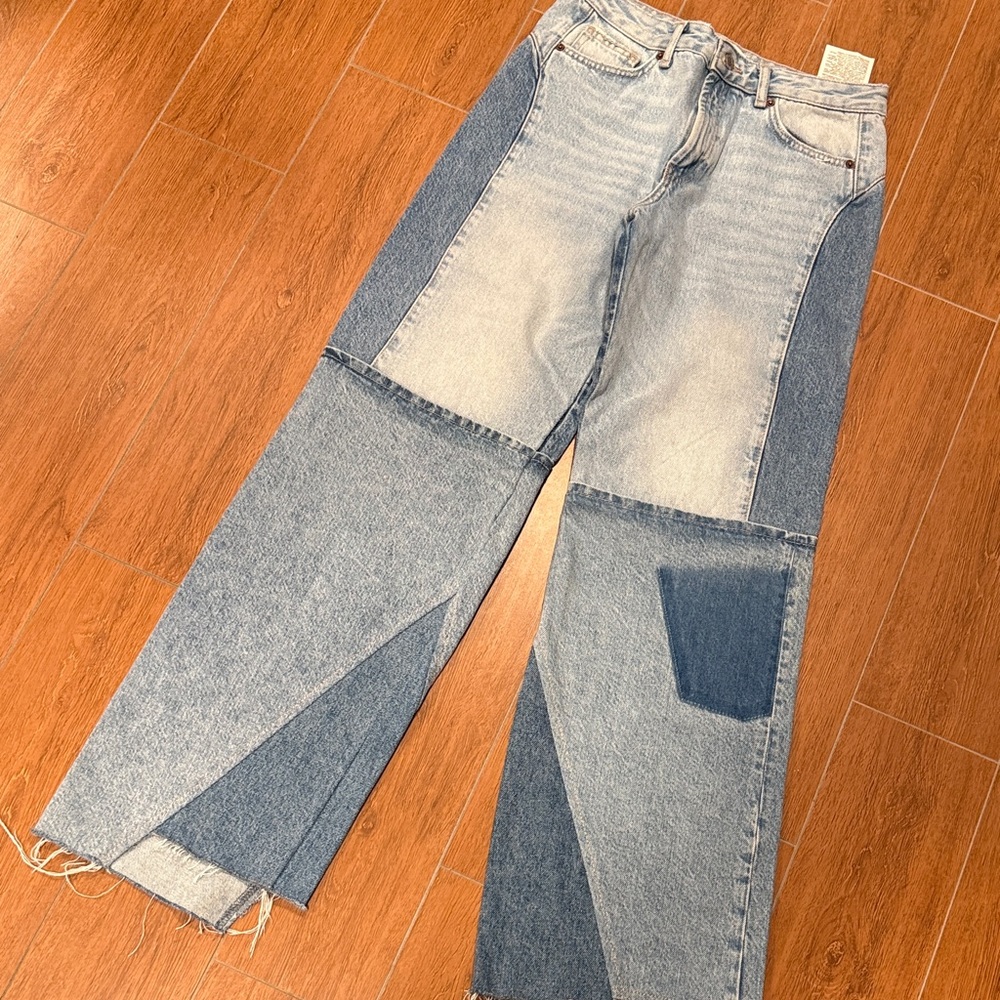 Zara Two-Tone Patchwork Wide-Leg Jeans - Light & Dark Blue